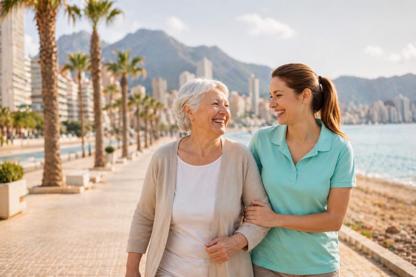 Una acompañante pasea del brazo de una señora mayor por el paseo marítimo de Benidorm.